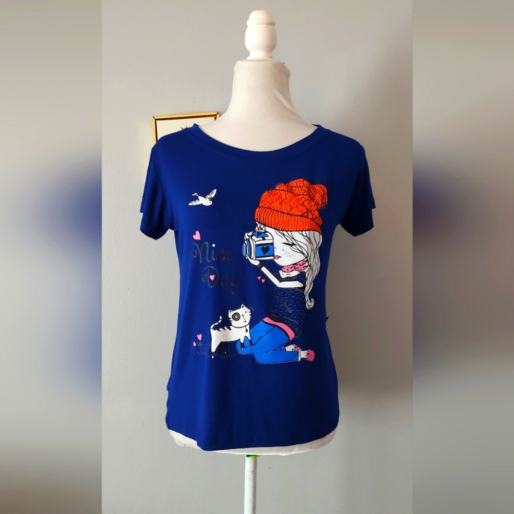 Top Blouse Women G&R s  Or Girls  Blue Size Medium Short Sleeves Viscose